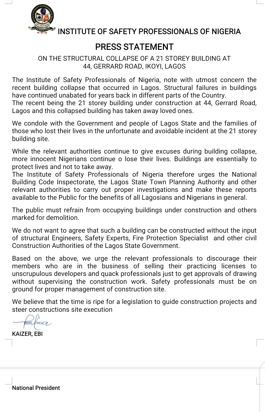Ikoyi Building Collapse: ISPON, NISCN, Task Govt. On Building Legislation