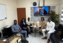 L–R: Awal Sakib Mohammed, President of the Ghana Electrical Contractors Association (GECA); Engr. Dr. Mrs. Miriam Eduful, President of the Ghana Institute of Safety and Environmental Professionals (GhISEP); Emmanuel Amponsah Semedor, Executive Secretary, GECA; Hellen Mwamba, President of AfriSAFE; and Femi Da-silva, CEO of AfriSAFE, during the signing of an MoU confirming Accra, Ghana as host city for the 2026 AfriSAFE Africa Safety Congress & Awards.